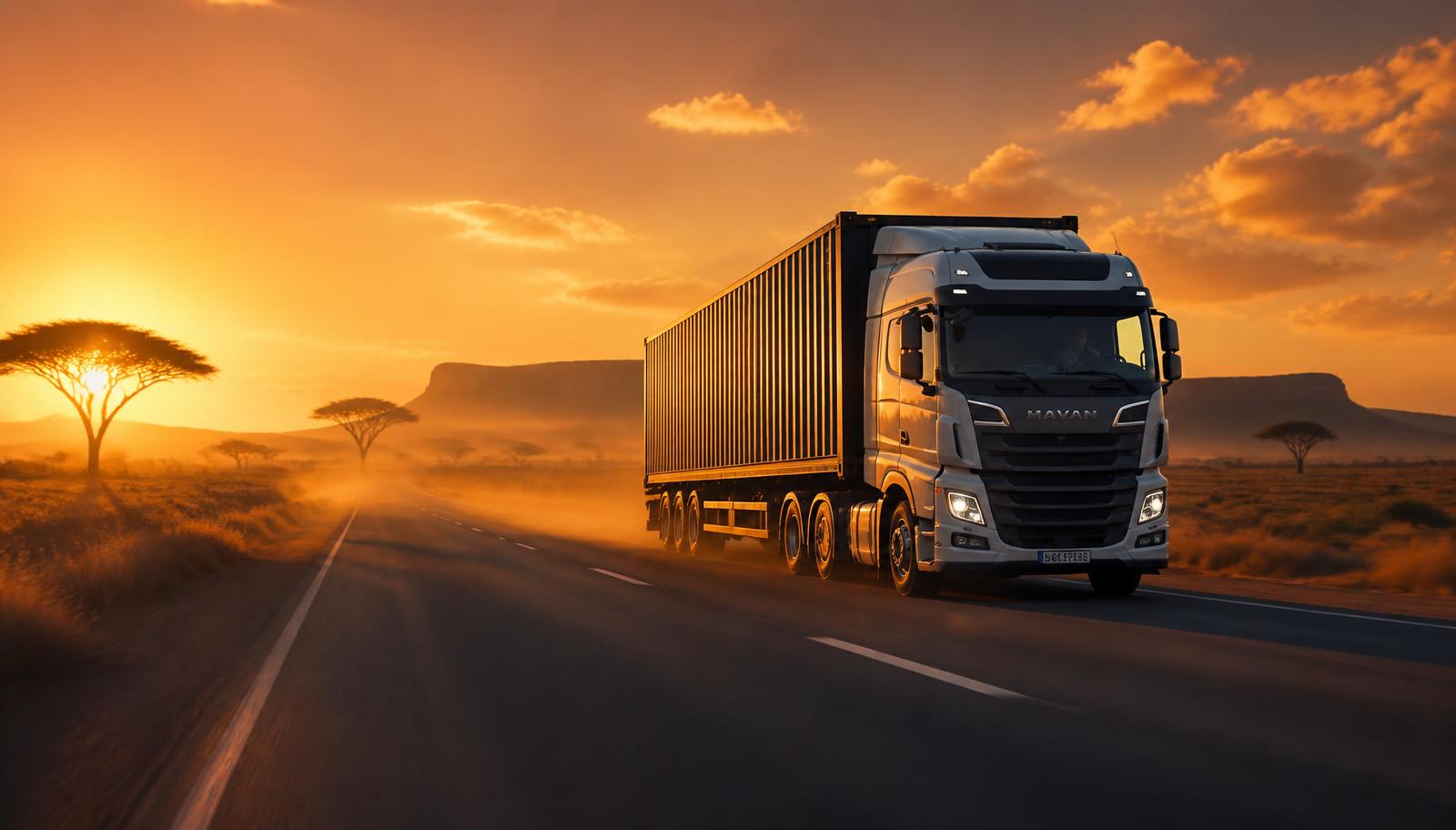 Camion de marchandises sur une route africaine au coucher du soleil